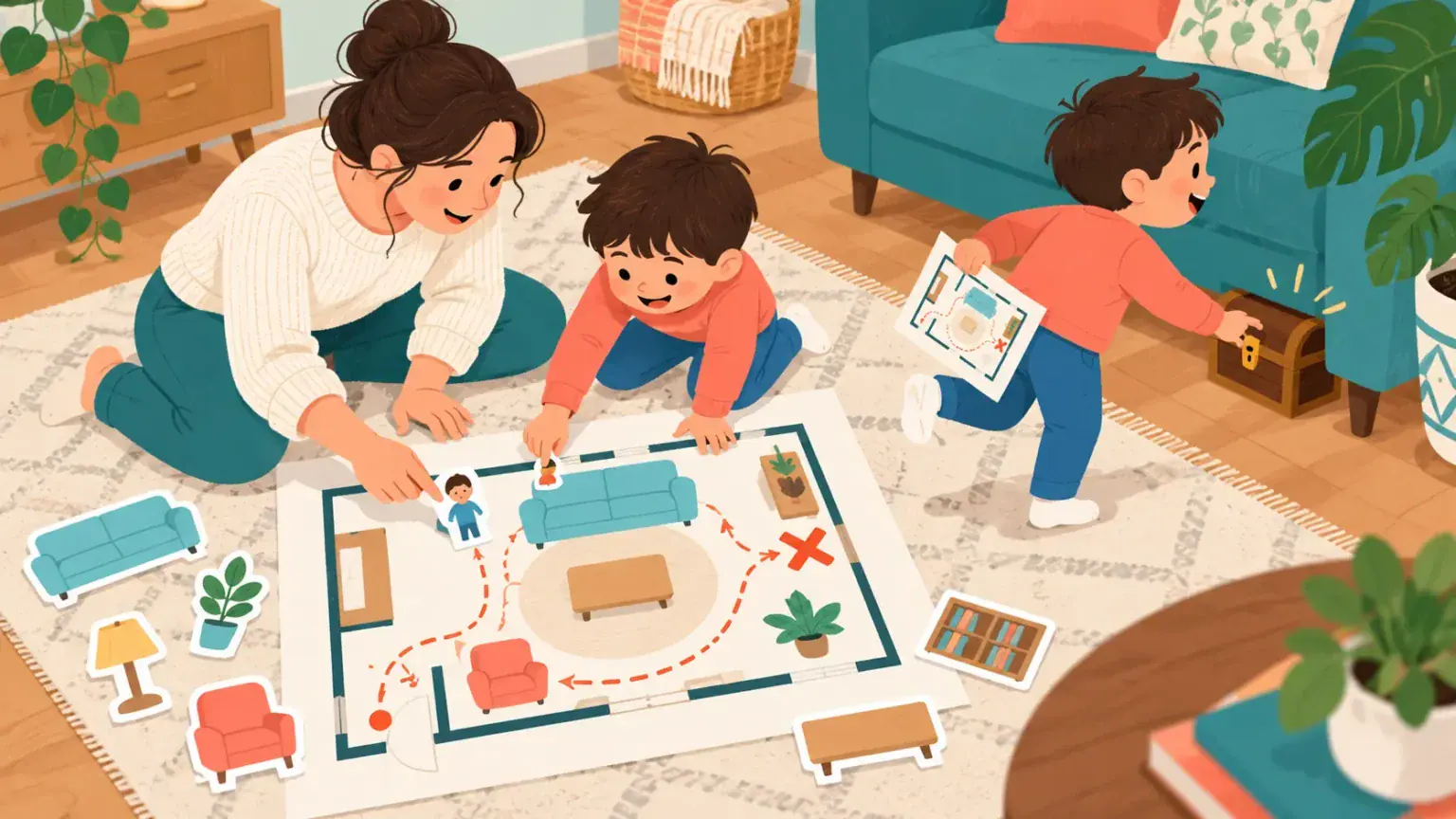 Caregiver and young child making a bird’s-eye map of their living room