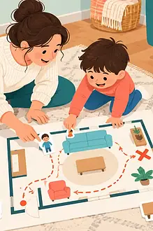 Caregiver and young child making a bird’s-eye map of their living room