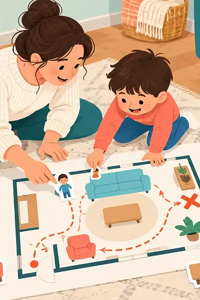 Caregiver and young child making a bird’s-eye map of their living room