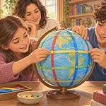 Two teenagers and a caregiver follow coloured latitude and longitude bands around a tabletop globe.