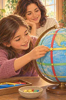 Two teenagers and a caregiver follow coloured latitude and longitude bands around a tabletop globe.