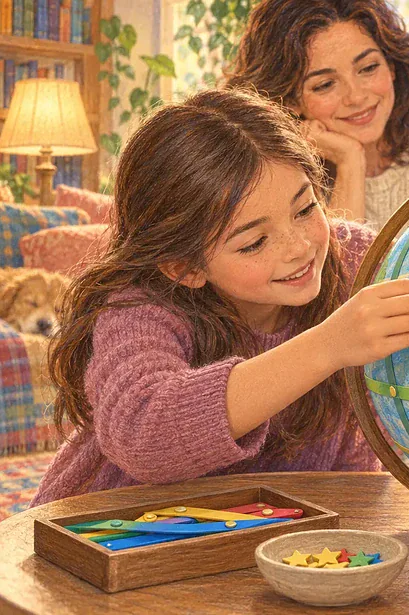 Two teenagers and a caregiver follow coloured latitude and longitude bands around a tabletop globe.