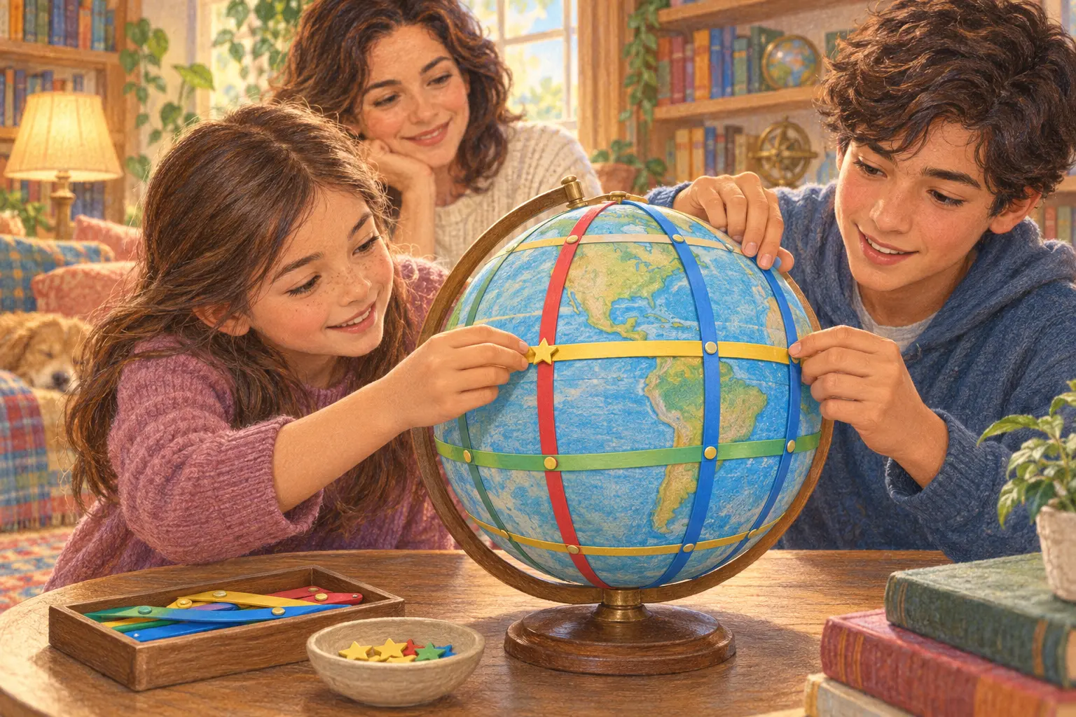 Two teenagers and a caregiver follow coloured latitude and longitude bands around a tabletop globe.