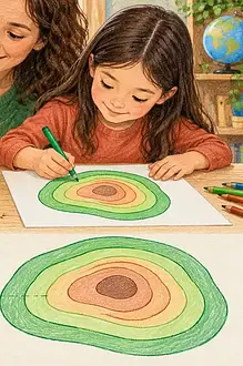 Children tracing colourful clay hill layers into nested contour lines