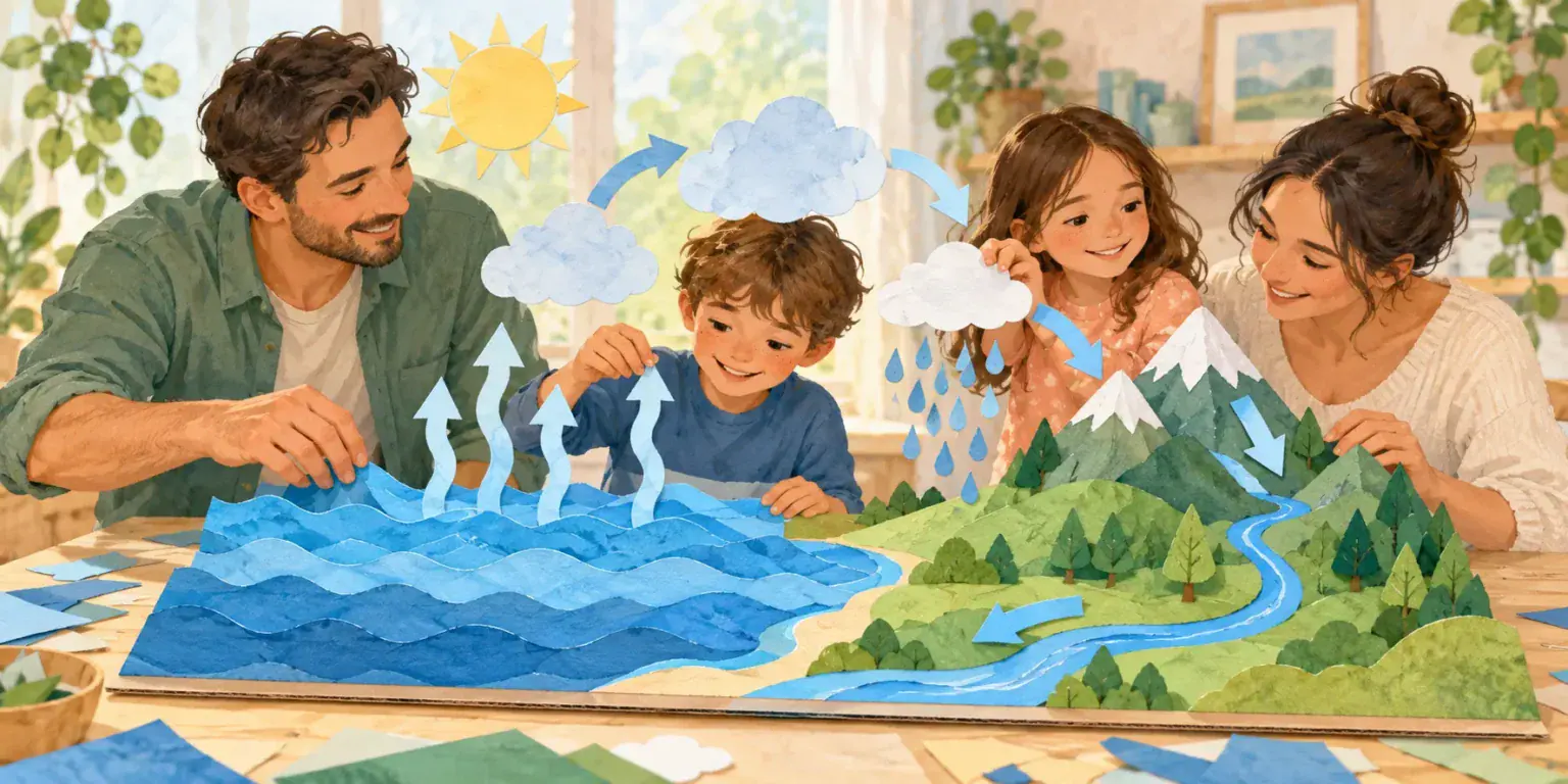 Family building a three-dimensional paper landscape for the water cycle