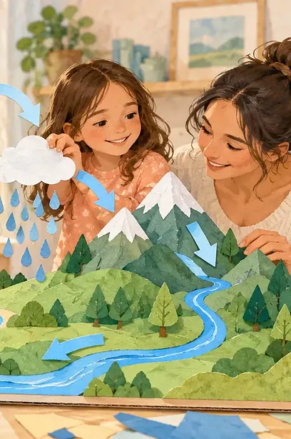 Family building a three-dimensional paper landscape for the water cycle
