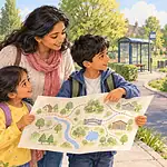 A caregiver and two children compare a hand-drawn neighbourhood map beside a park path and bridge.