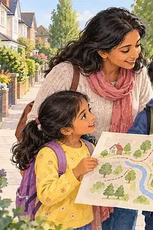 A caregiver and two children compare a hand-drawn neighbourhood map beside a park path and bridge.