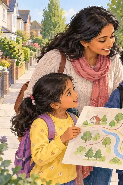 A caregiver and two children compare a hand-drawn neighbourhood map beside a park path and bridge.