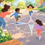 A caregiver and children play a four-direction movement game on a large compass rose drawn on the ground.