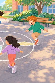 A caregiver and children play a four-direction movement game on a large compass rose drawn on the ground.