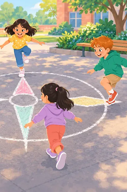 A caregiver and children play a four-direction movement game on a large compass rose drawn on the ground.
