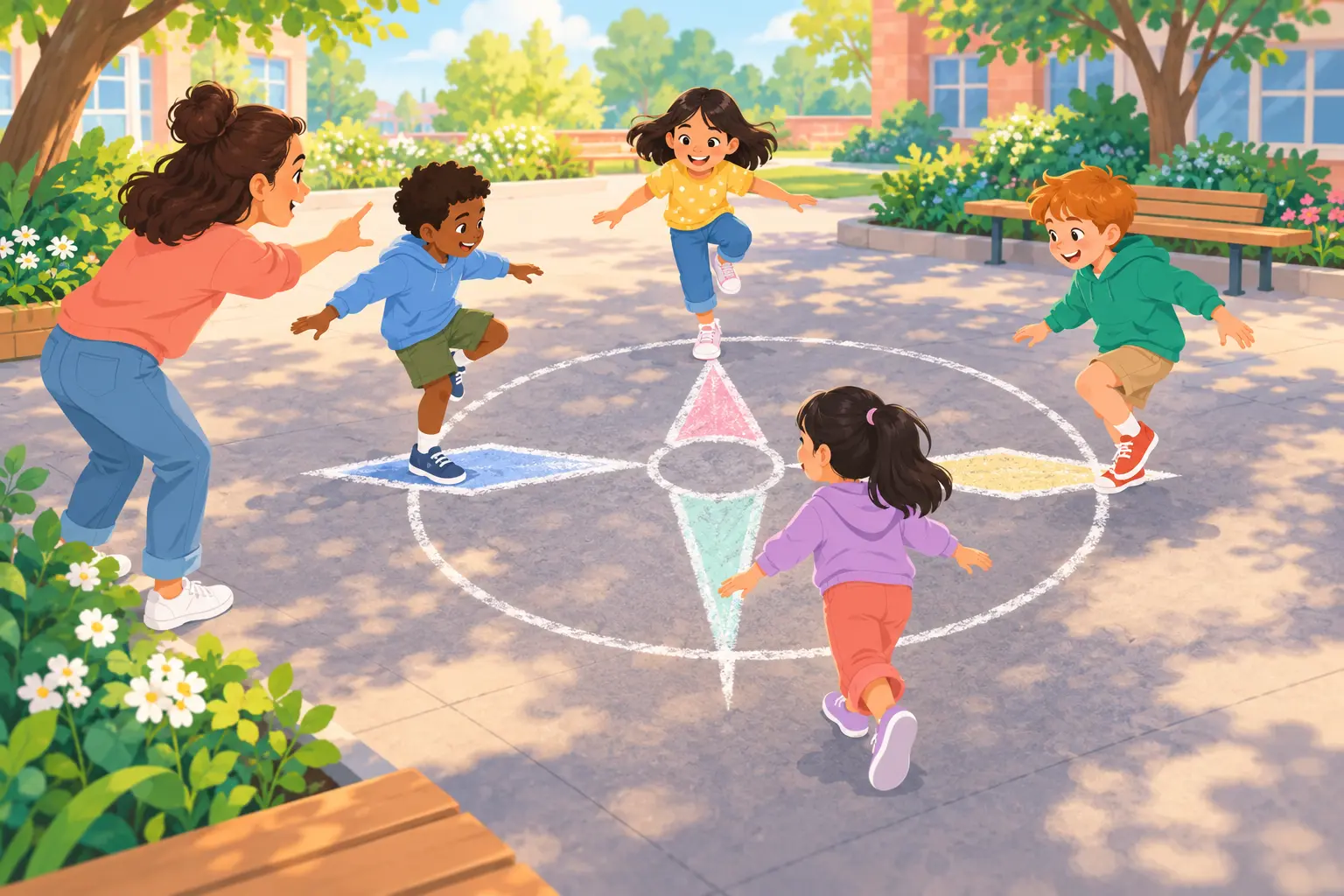 A caregiver and children play a four-direction movement game on a large compass rose drawn on the ground.