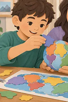 A caregiver and child wrap coloured paper tectonic plates around a small globe on a table.
