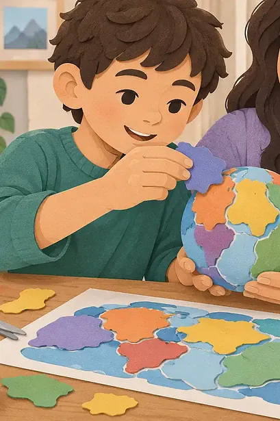 A caregiver and child wrap coloured paper tectonic plates around a small globe on a table.