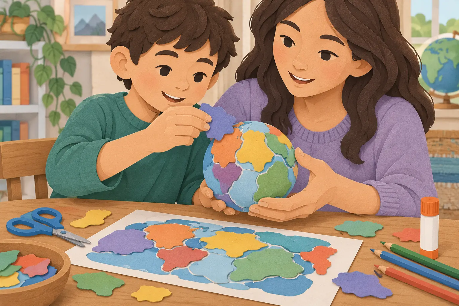 A caregiver and child wrap coloured paper tectonic plates around a small globe on a table.