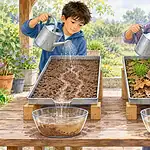 Two children pour equal amounts of water onto matching soil trays, one bare and one covered with leaves.