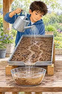 Two children pour equal amounts of water onto matching soil trays, one bare and one covered with leaves.