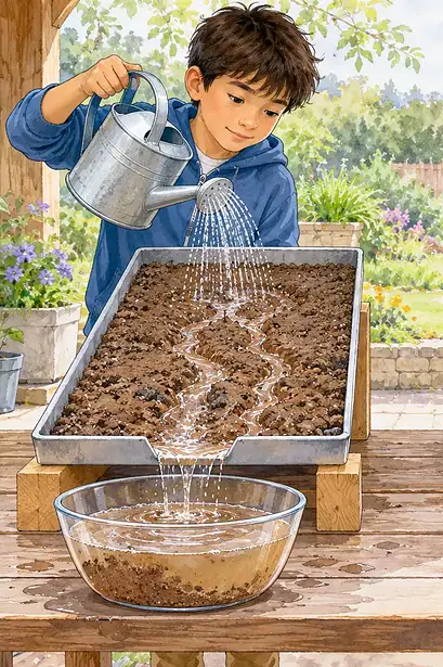 Two children pour equal amounts of water onto matching soil trays, one bare and one covered with leaves.