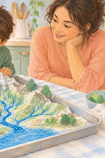 A caregiver and two children trace blue water paths across a crumpled-paper model of hills and valleys.