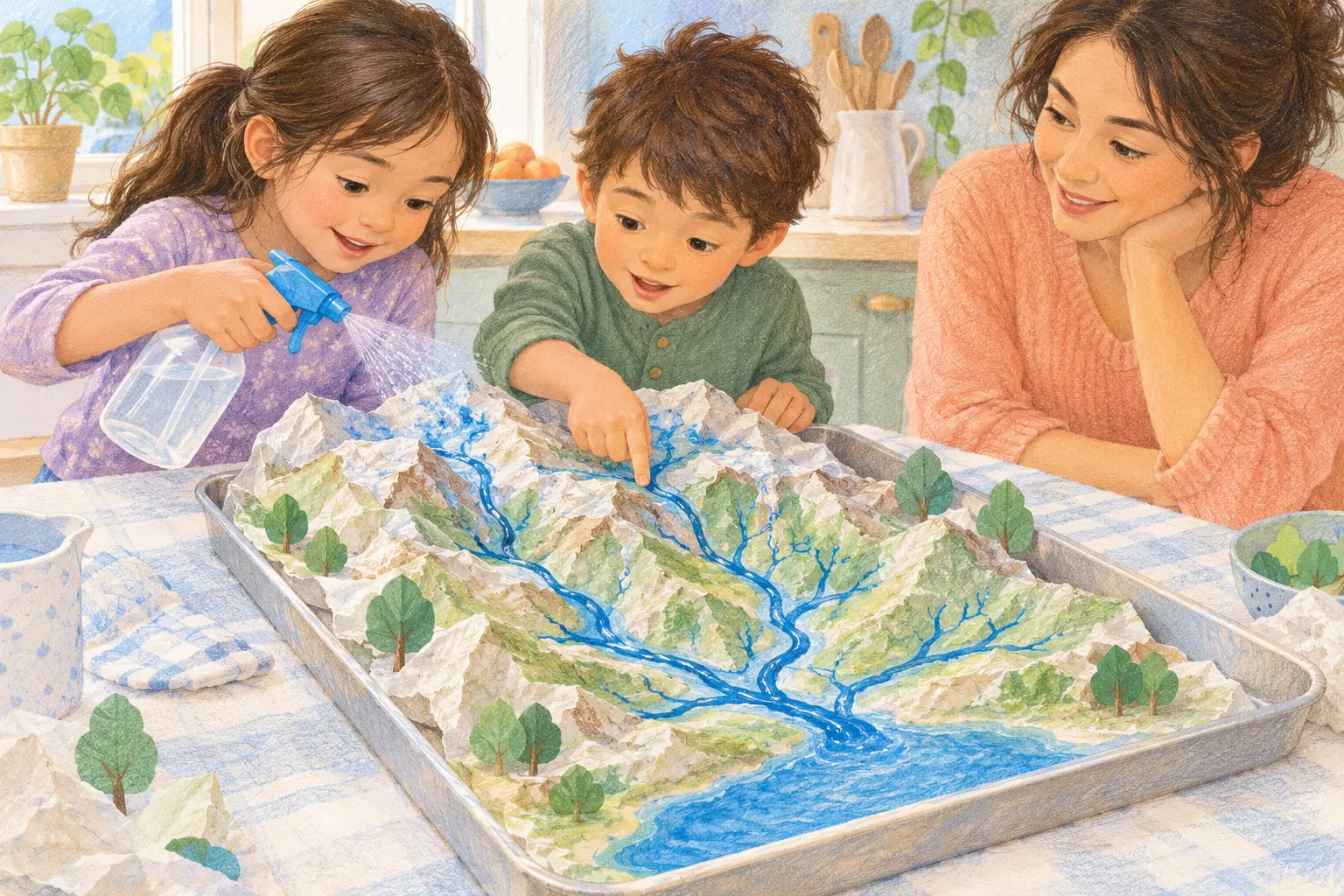 A caregiver and two children trace blue water paths across a crumpled-paper model of hills and valleys.