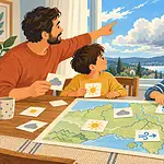A father and two children compare cloud and weather symbol cards with a colourful map near a window.