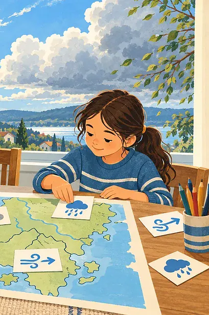 A father and two children compare cloud and weather symbol cards with a colourful map near a window.