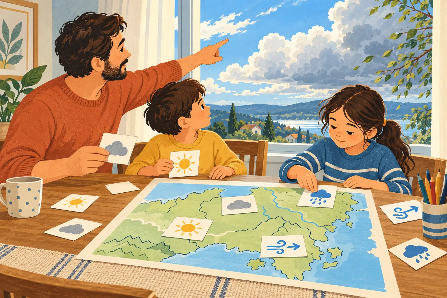 A father and two children compare cloud and weather symbol cards with a colourful map near a window.