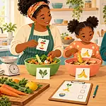 A caregiver, teenager and younger child sort picture cards beside bowls of avoidable and unavoidable food scraps.