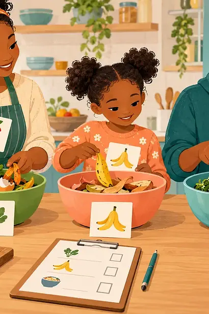 A caregiver, teenager and younger child sort picture cards beside bowls of avoidable and unavoidable food scraps.