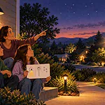 Family observing outdoor light glare and the night sky from a safe garden