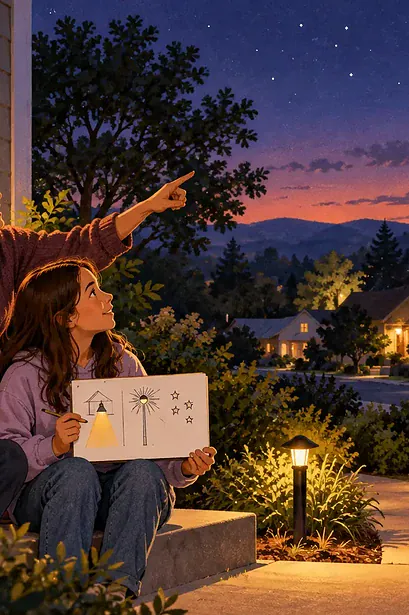 Family observing outdoor light glare and the night sky from a safe garden