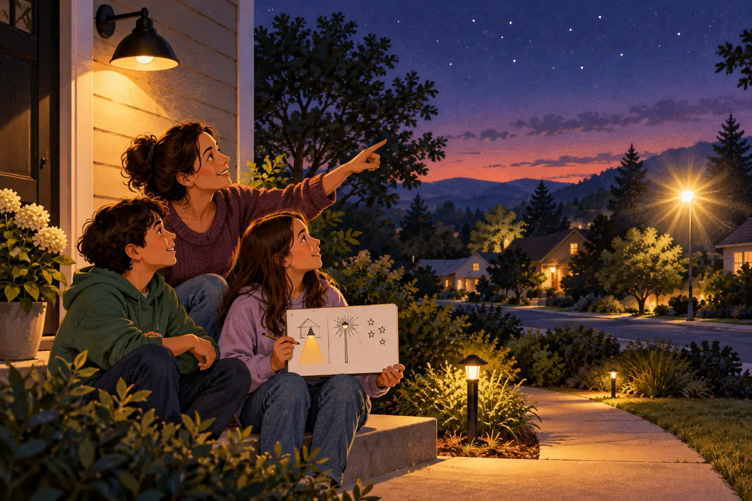 Family observing outdoor light glare and the night sky from a safe garden