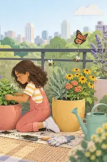 A wheelchair-using caregiver and child plant colourful flowers in balcony pots while bees and butterflies visit.