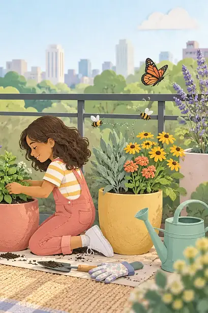 A wheelchair-using caregiver and child plant colourful flowers in balcony pots while bees and butterflies visit.