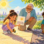 Children comparing outdoor surface temperatures in sun and shade with an adult