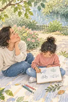 Family sitting outdoors and drawing a map of nearby natural and human-made sounds