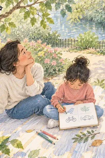 Family sitting outdoors and drawing a map of nearby natural and human-made sounds