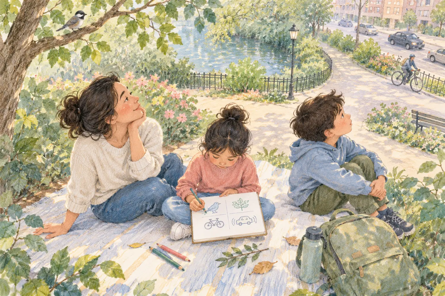 Family sitting outdoors and drawing a map of nearby natural and human-made sounds