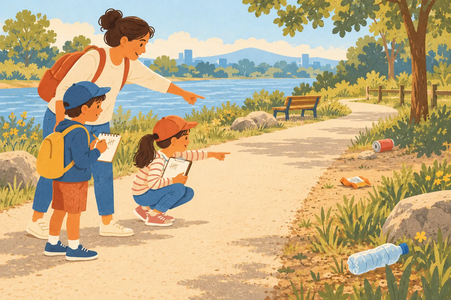 Adult and children observing and mapping visible litter from a safe path