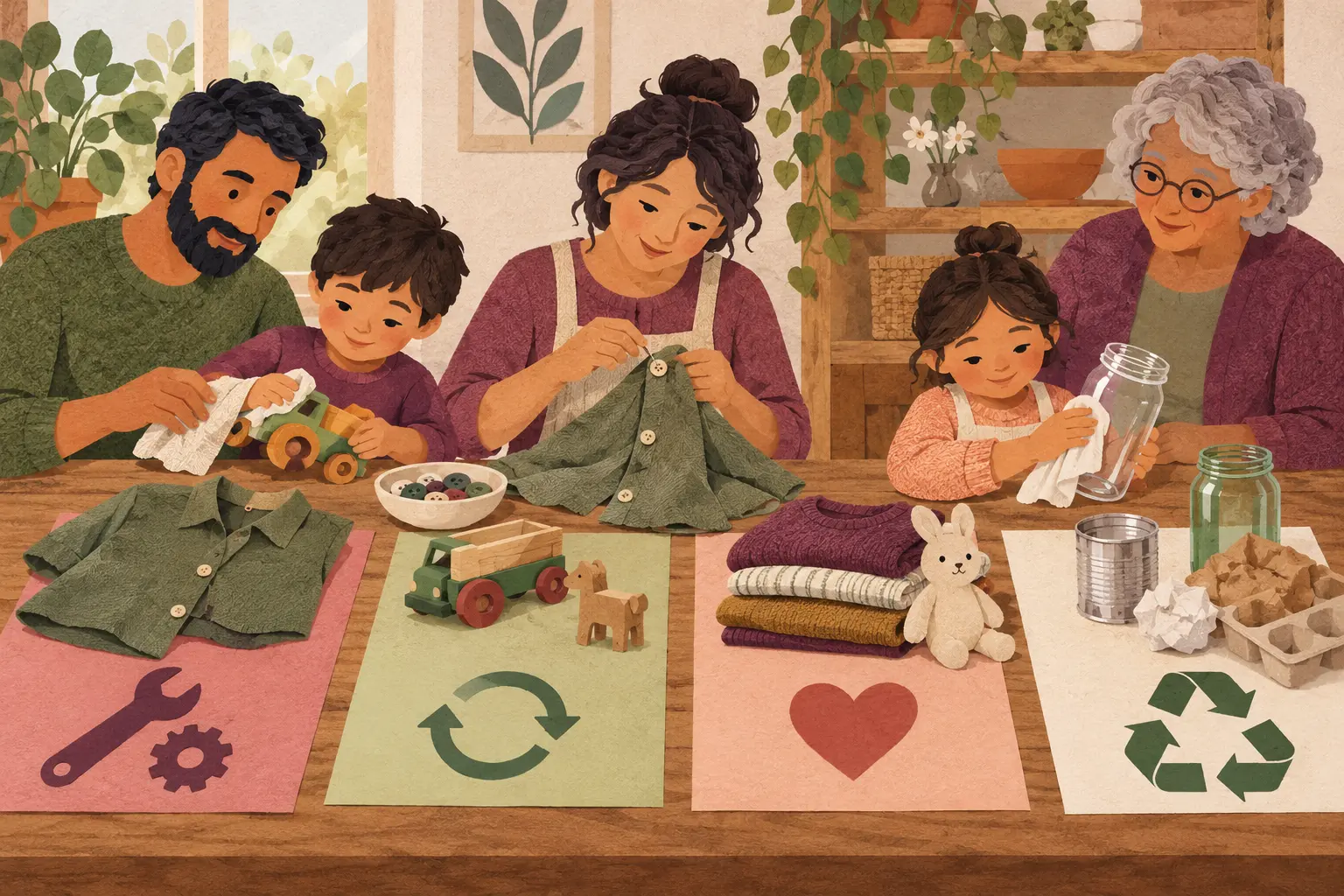 Family sorting household objects for repair, reuse, donation or recycling
