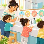 Adult helping a child practise soap coverage while washing hands at a sink