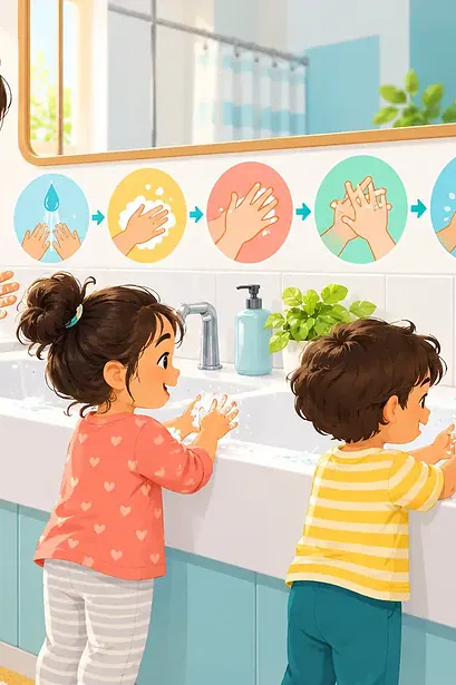 Adult helping a child practise soap coverage while washing hands at a sink