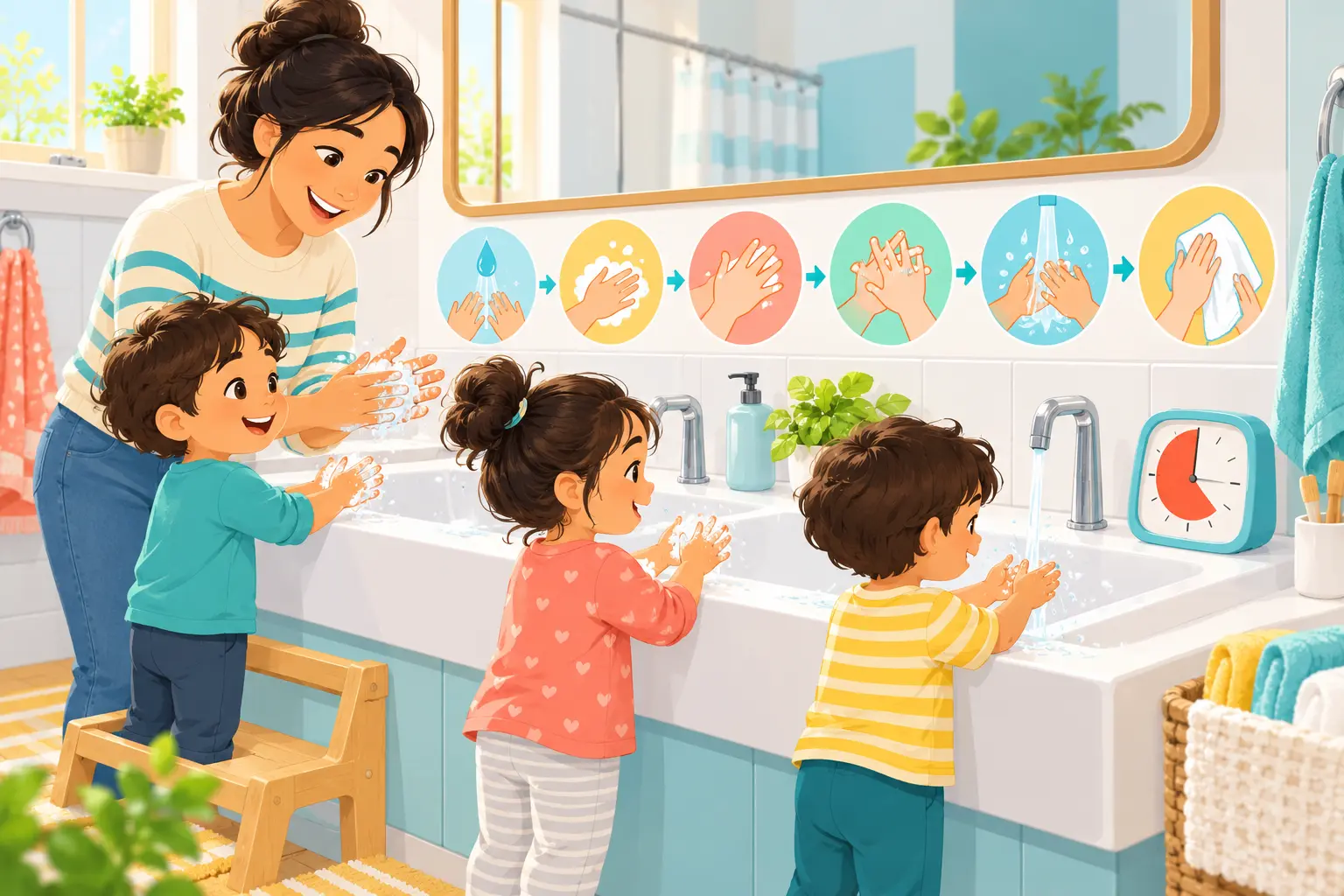Adult helping a child practise soap coverage while washing hands at a sink