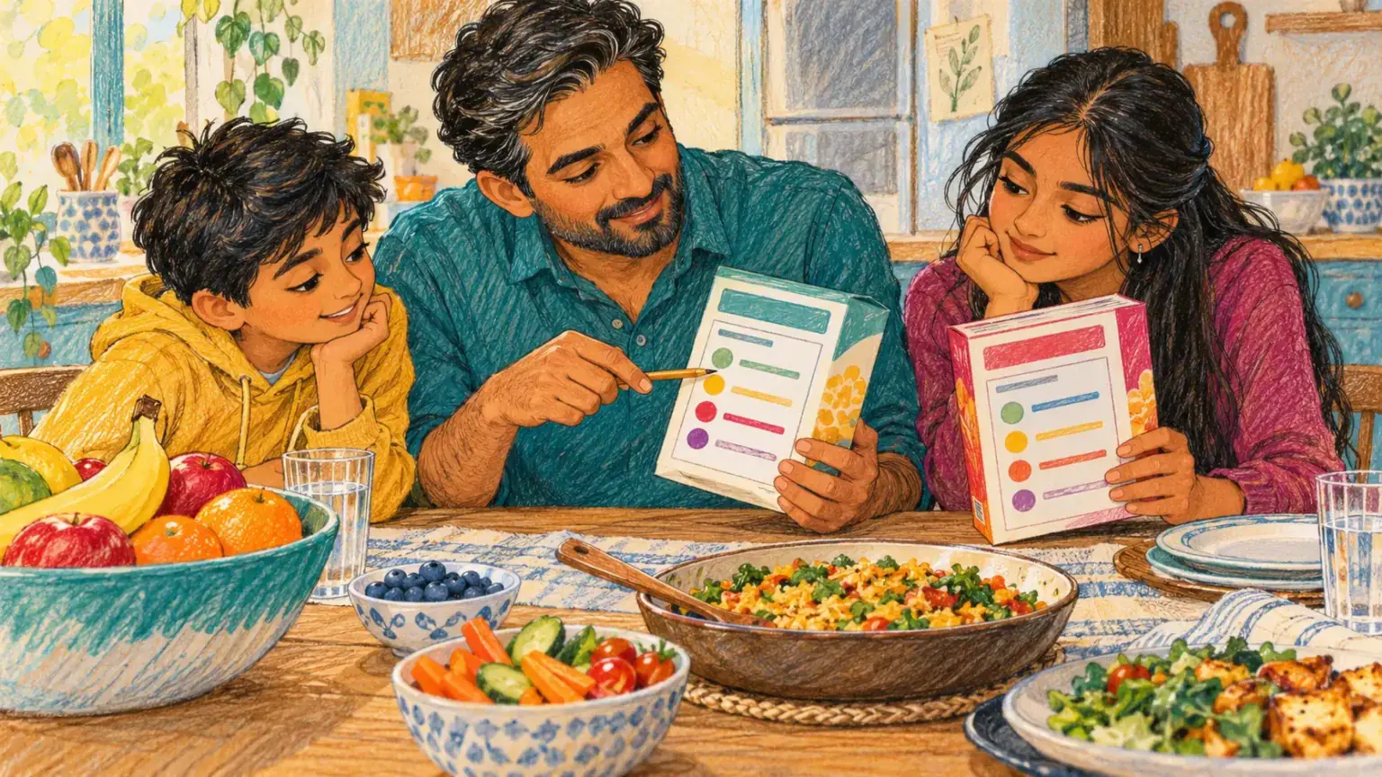 Caregiver and children comparing nutrition panels on two packaged foods