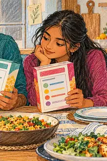 Caregiver and children comparing nutrition panels on two packaged foods