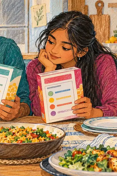 Caregiver and children comparing nutrition panels on two packaged foods