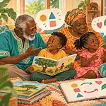 A multilingual family reads and talks together using books and a communication board