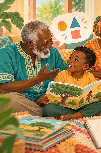 A multilingual family reads and talks together using books and a communication board