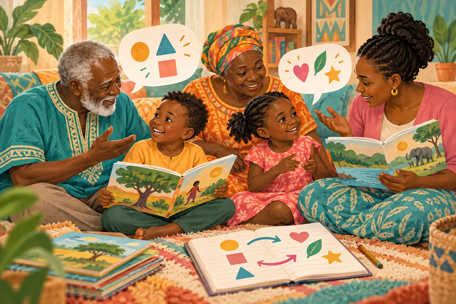 A multilingual family reads and talks together using books and a communication board